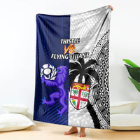Rugby blanket with blue and purple mascot, white geometric panel, black pattern, crest