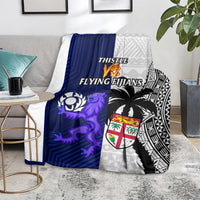 Rugby blanket with blue and purple mascot, white paneling, black patterns and shield crest