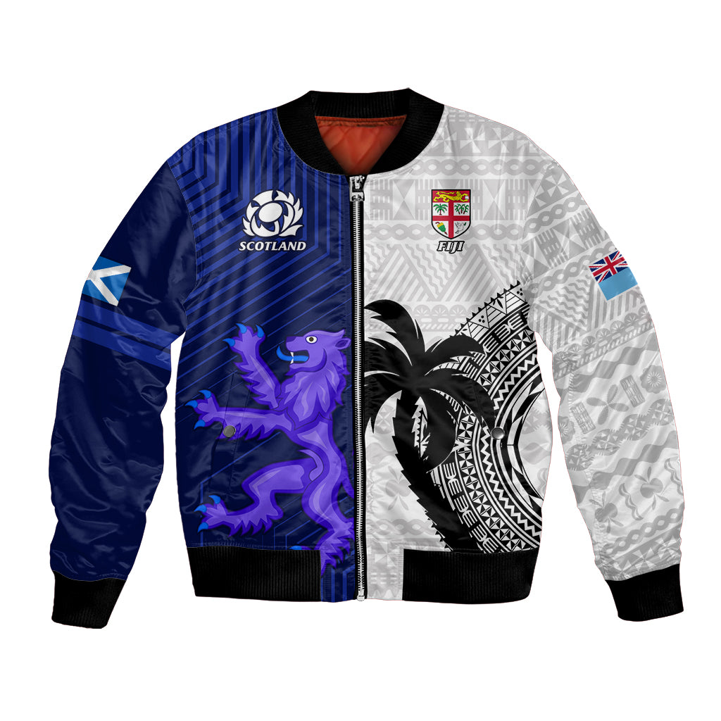 Two-tone navy and white bomber jacket with full zipper, Scotland crest and Fiji patch