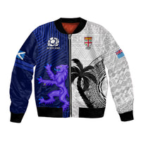 Two-tone navy and white bomber jacket with full zipper, Scotland crest and Fiji patch