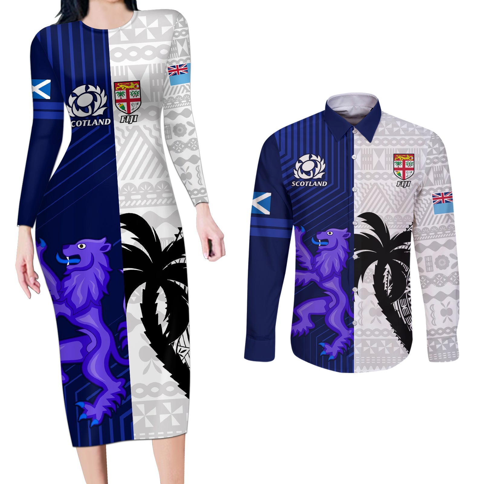 Fiji And Scotland Rugby Couples Matching Long Sleeve Bodycon Dress and Long Sleeve Button Shirts Fijian Tapa Pattern With Thistle - Wonder Print Shop