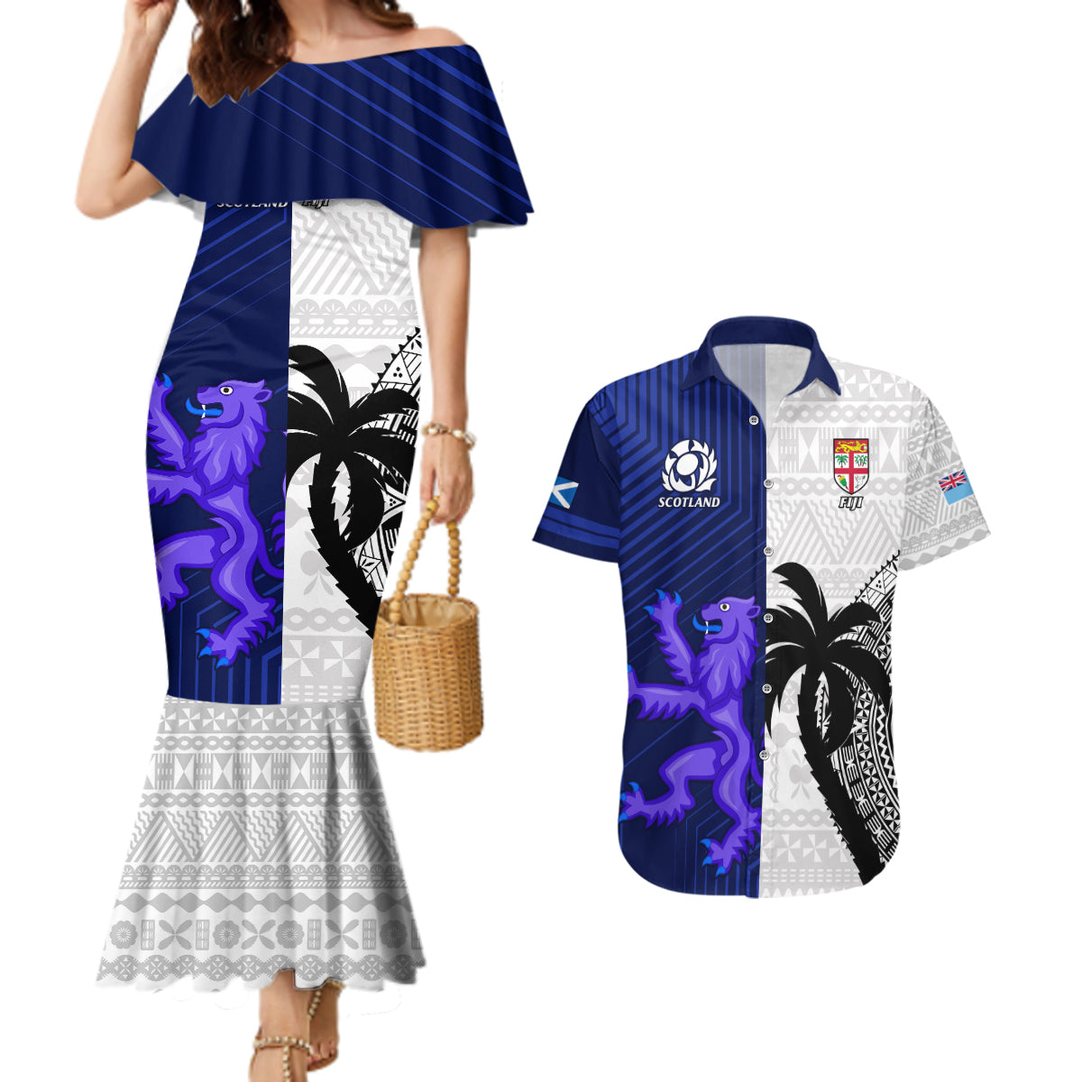 Fiji And Scotland Rugby Couples Matching Mermaid Dress and Hawaiian Shirt Fijian Tapa Pattern With Thistle - Wonder Print Shop