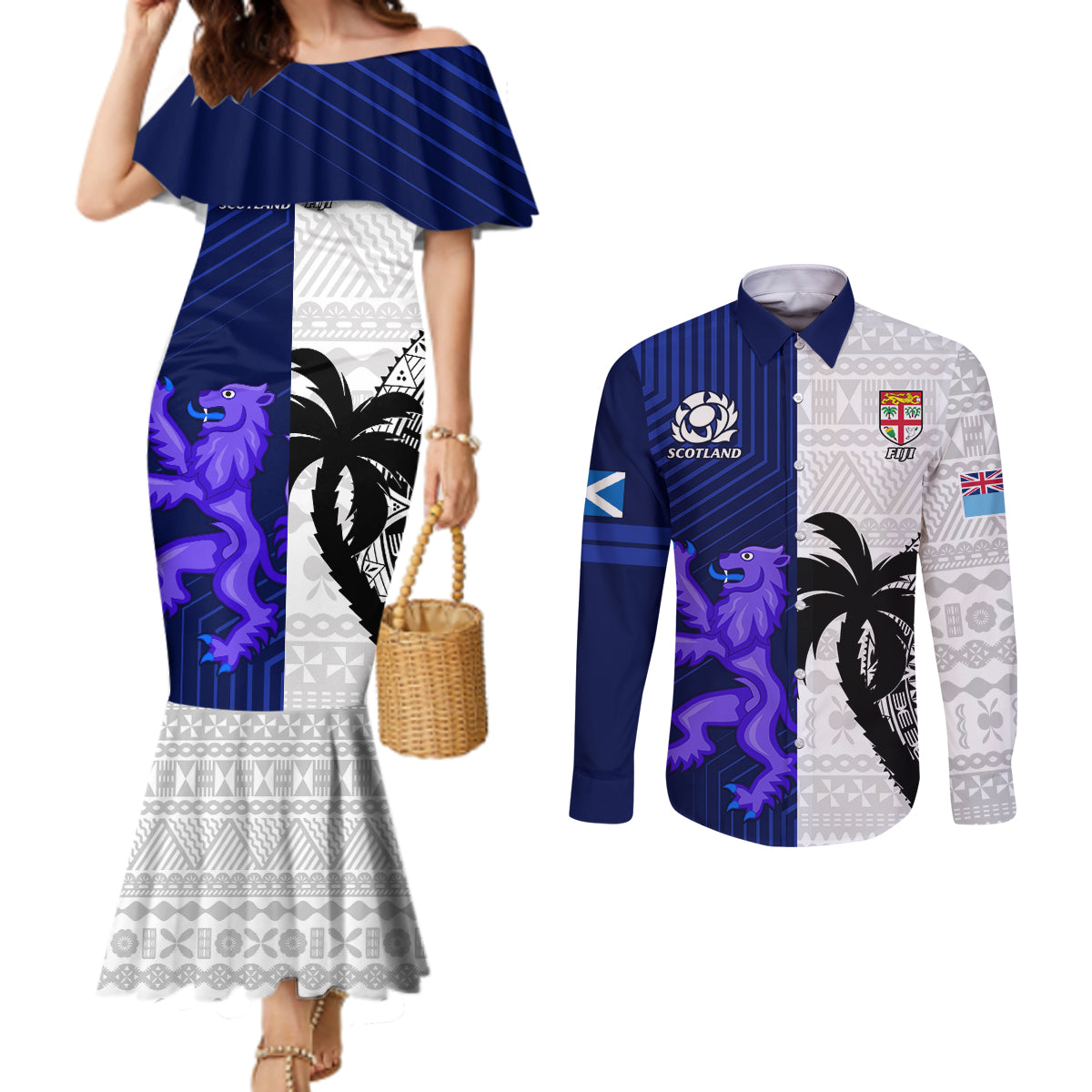 fiji-and-scotland-rugby-couples-matching-mermaid-dress-and-long-sleeve-button-shirts-fijian-tapa-pattern-with-thistle