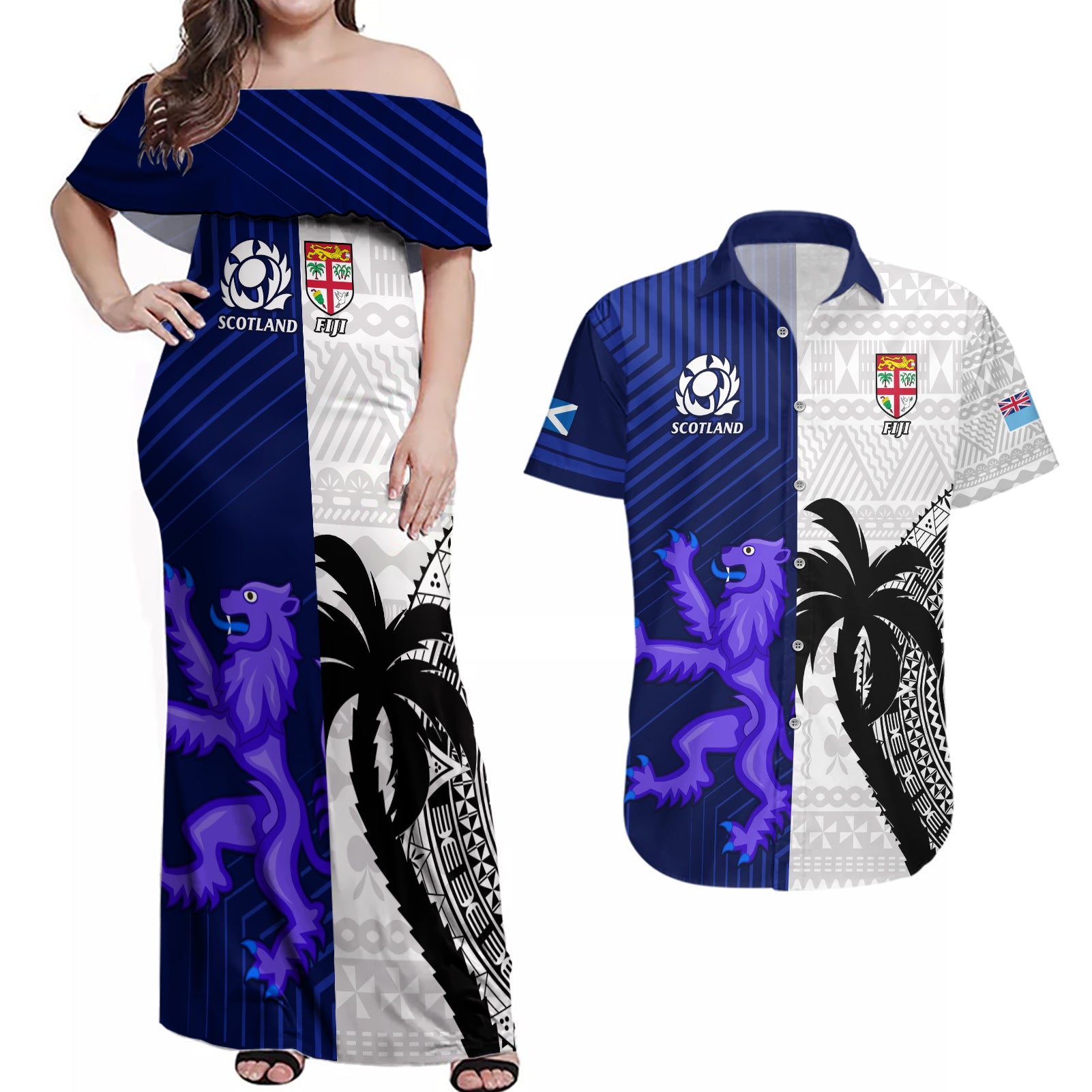 Fiji And Scotland Rugby Couples Matching Off Shoulder Maxi Dress and Hawaiian Shirt Fijian Tapa Pattern With Thistle - Wonder Print Shop