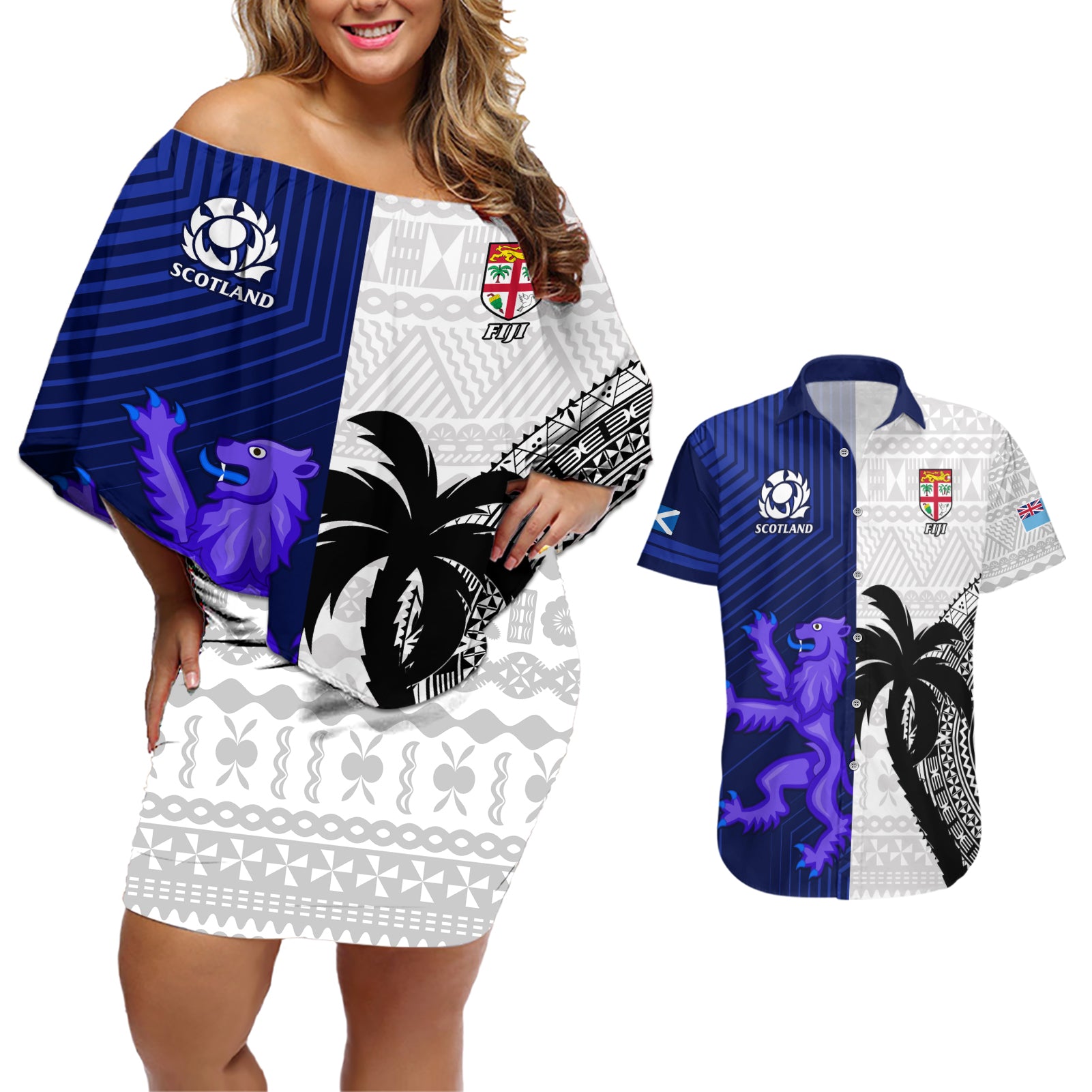 Fiji And Scotland Rugby Couples Matching Off Shoulder Short Dress and Hawaiian Shirt Fijian Tapa Pattern With Thistle - Wonder Print Shop