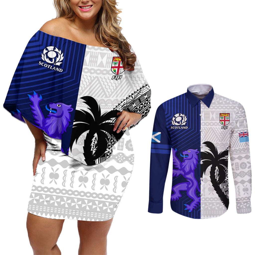 Fiji And Scotland Rugby Couples Matching Off Shoulder Short Dress and Long Sleeve Button Shirts Fijian Tapa Pattern With Thistle - Wonder Print Shop