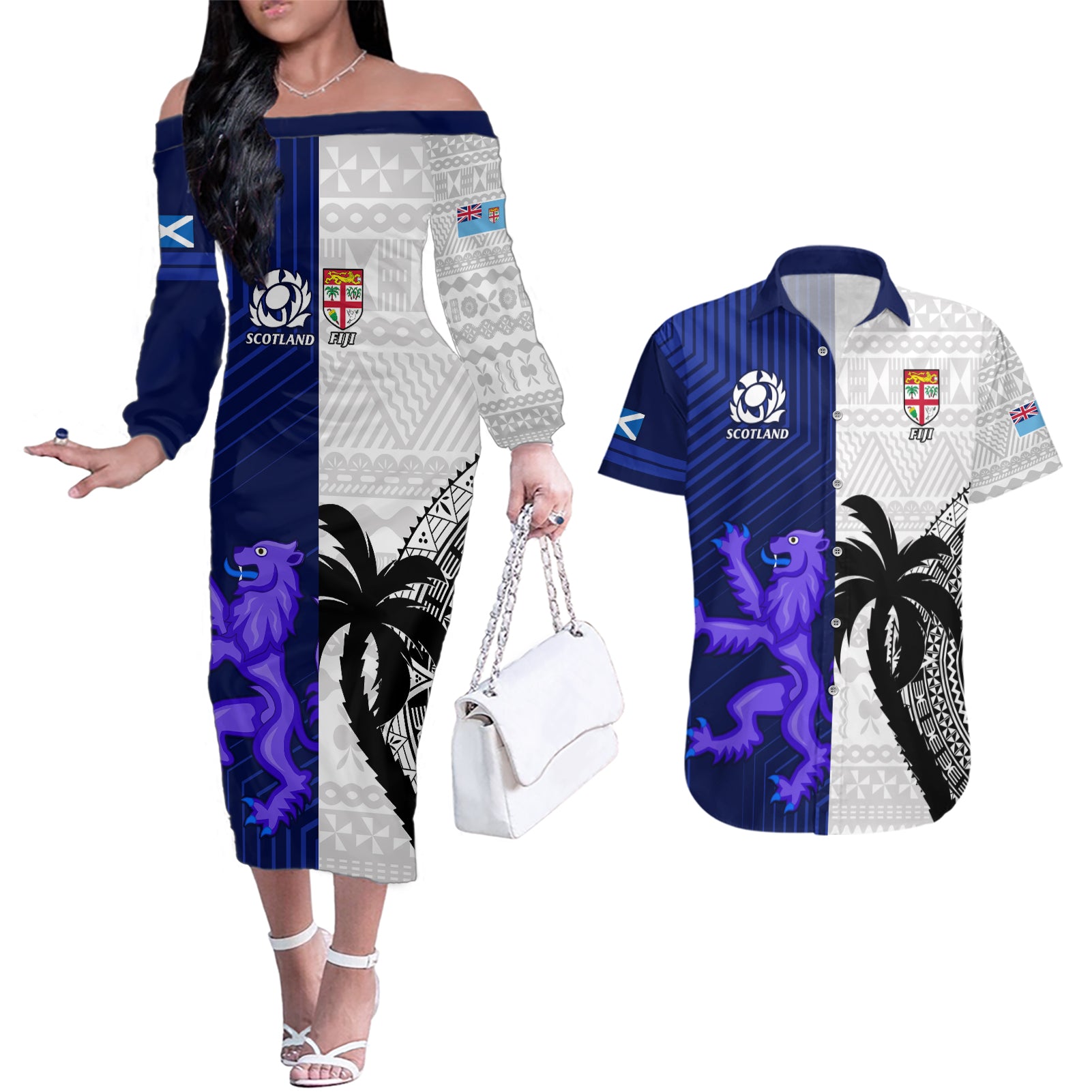 Fiji And Scotland Rugby Couples Matching Off The Shoulder Long Sleeve Dress and Hawaiian Shirt Fijian Tapa Pattern With Thistle - Wonder Print Shop