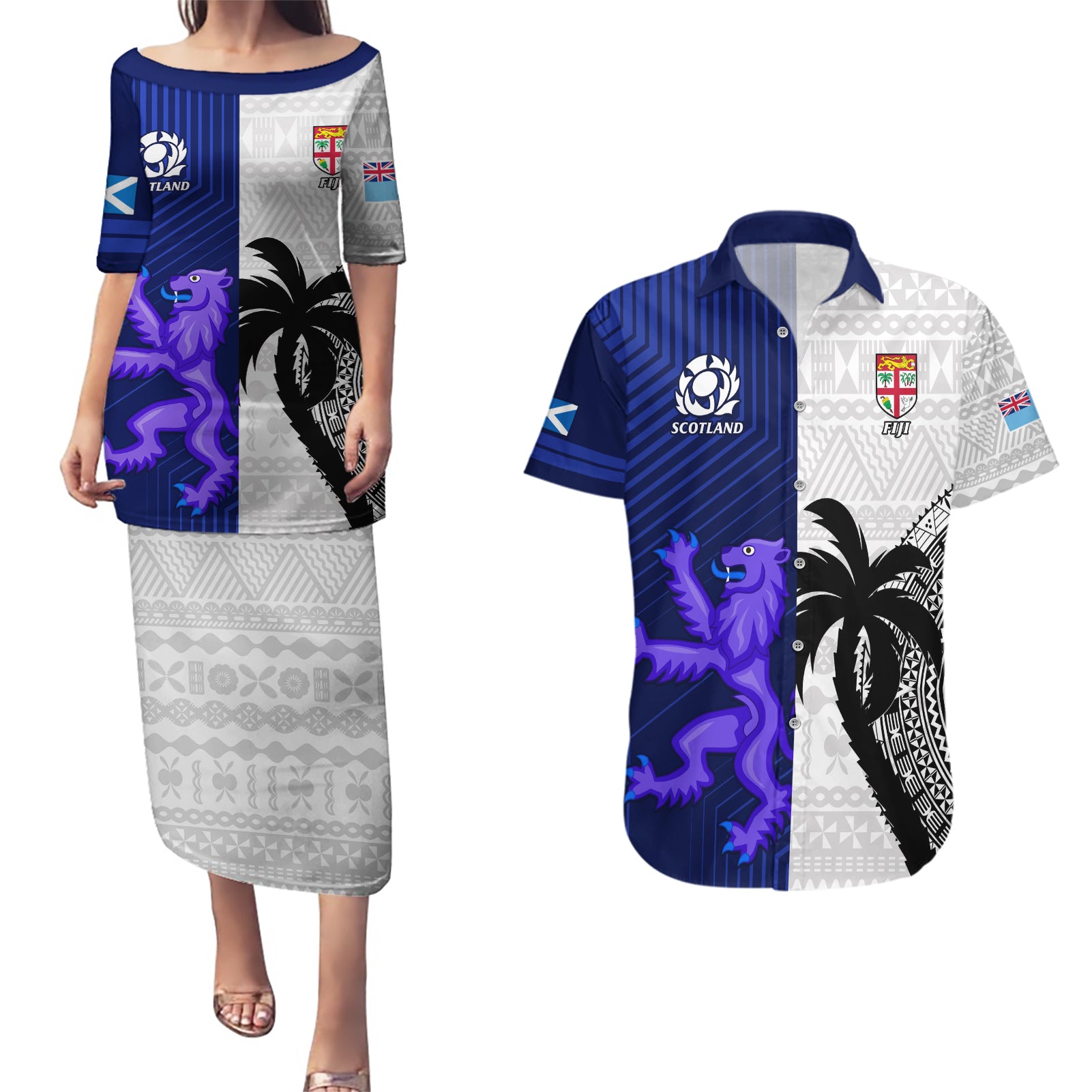 Fiji And Scotland Rugby Couples Matching Puletasi Dress and Hawaiian Shirt Fijian Tapa Pattern With Thistle - Wonder Print Shop