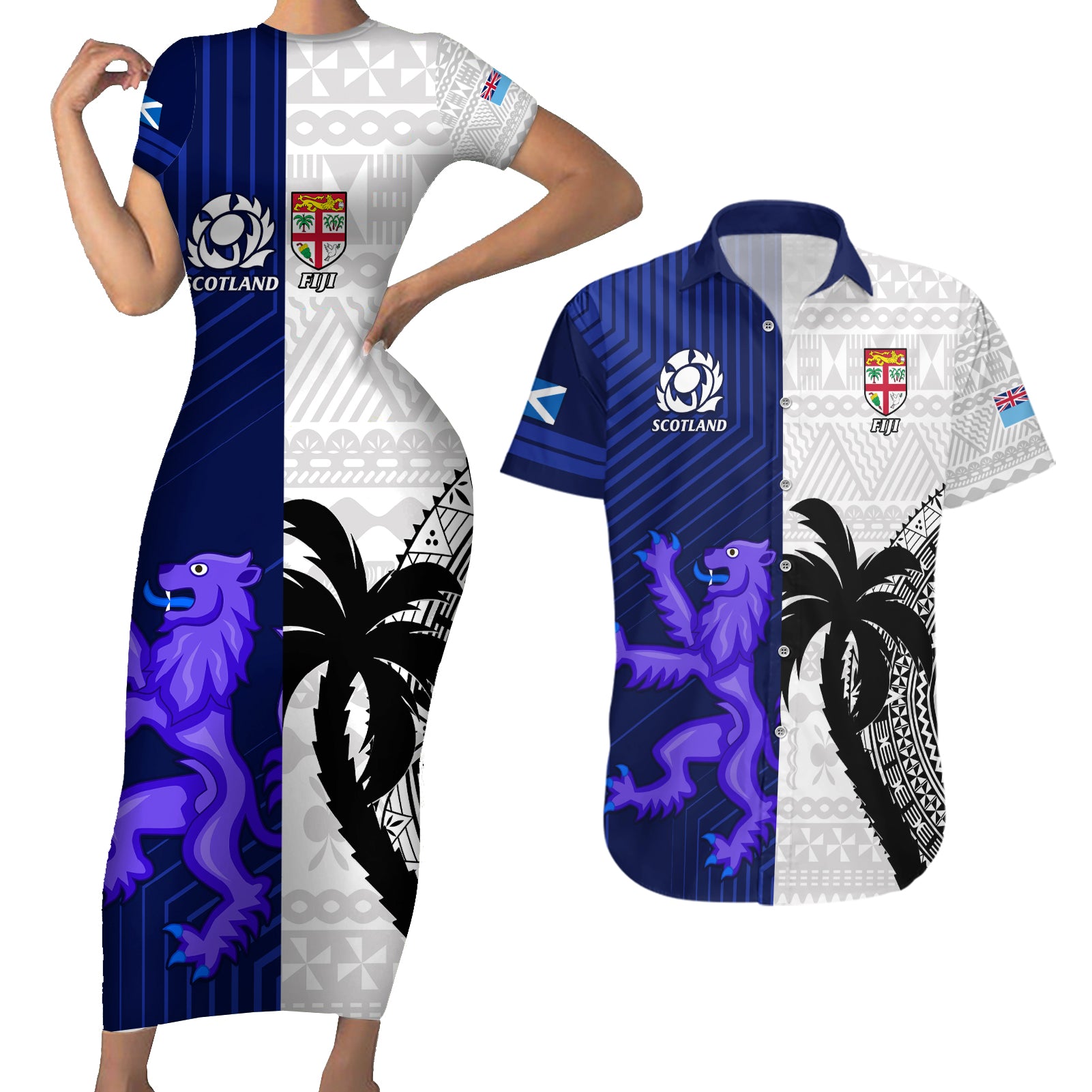 Fiji And Scotland Rugby Couples Matching Short Sleeve Bodycon Dress and Hawaiian Shirt Fijian Tapa Pattern With Thistle - Wonder Print Shop