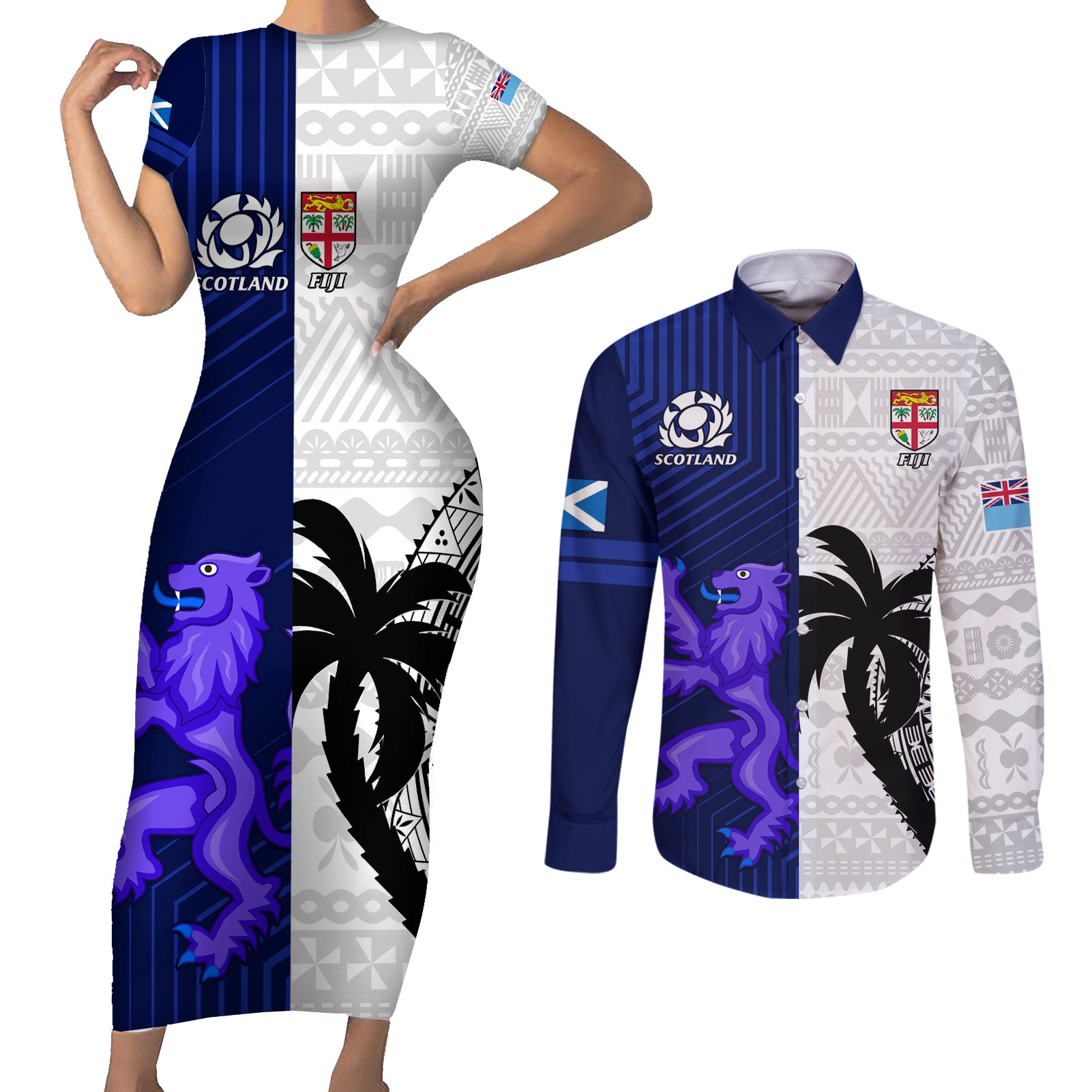 Fiji And Scotland Rugby Couples Matching Short Sleeve Bodycon Dress and Long Sleeve Button Shirts Fijian Tapa Pattern With Thistle - Wonder Print Shop