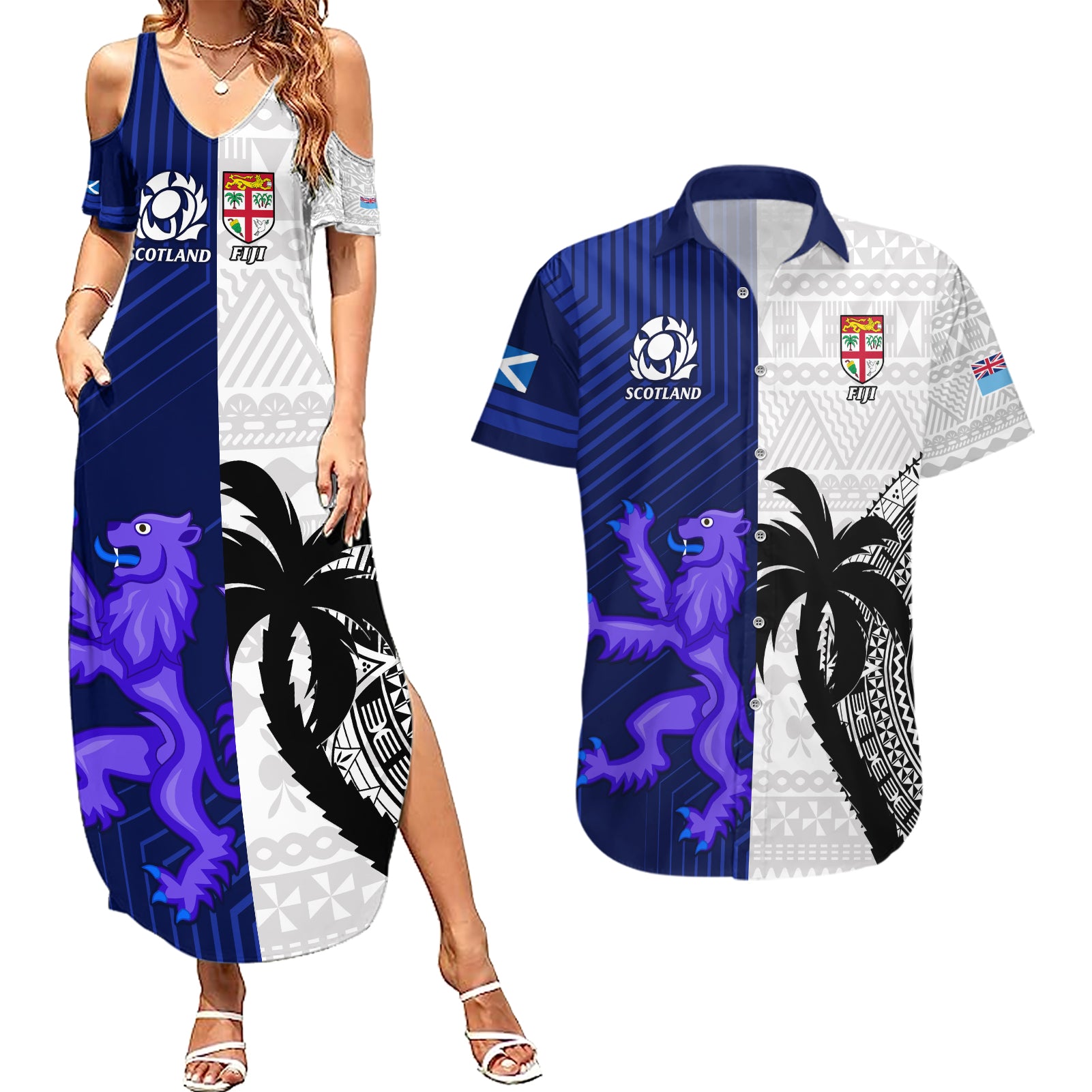 Fiji And Scotland Rugby Couples Matching Summer Maxi Dress and Hawaiian Shirt Fijian Tapa Pattern With Thistle - Wonder Print Shop