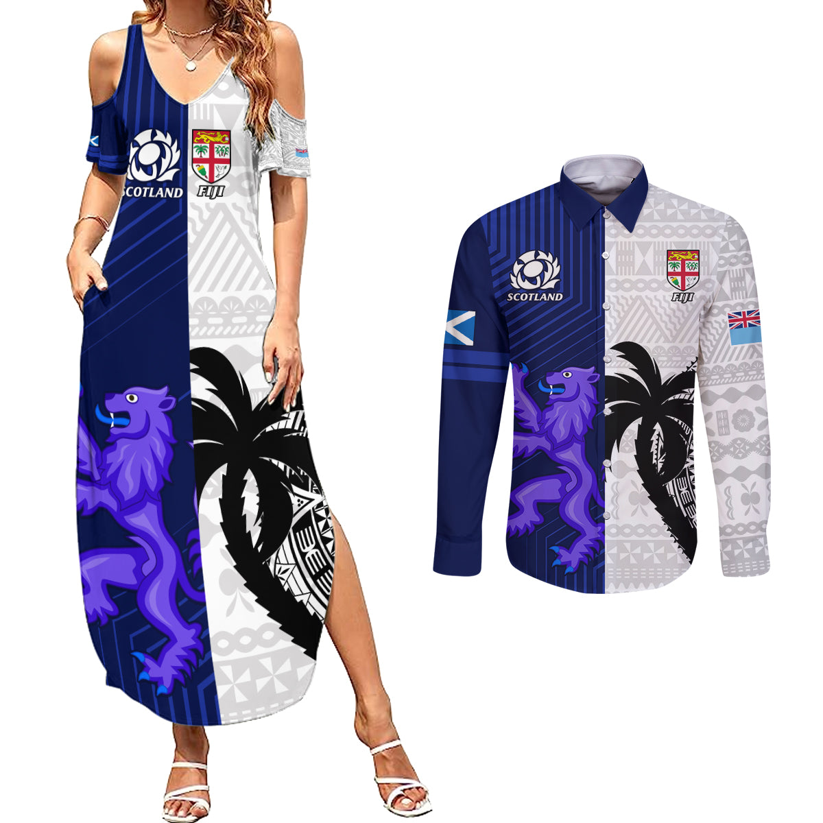 Fiji And Scotland Rugby Couples Matching Summer Maxi Dress and Long Sleeve Button Shirts Fijian Tapa Pattern With Thistle - Wonder Print Shop