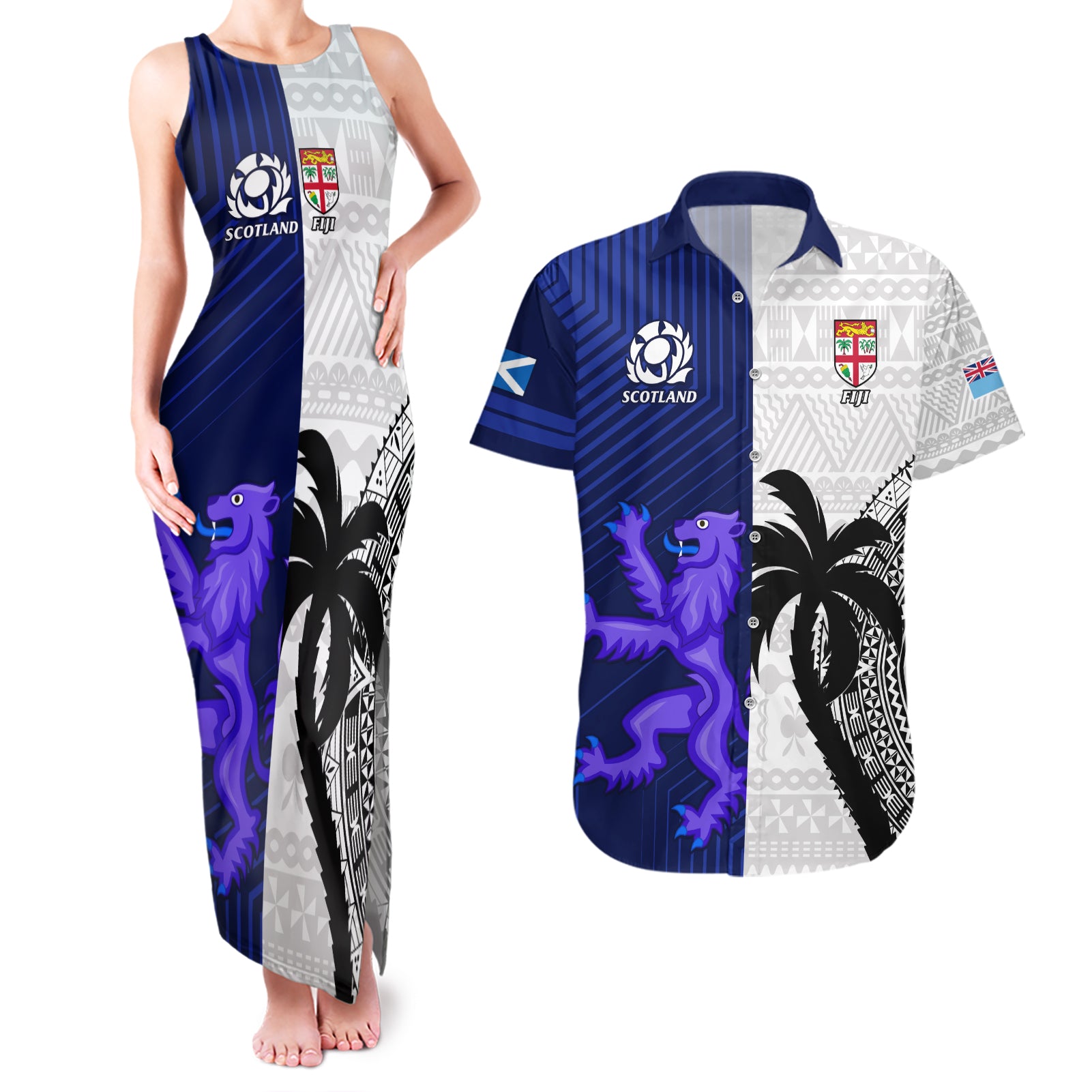 Fiji And Scotland Rugby Couples Matching Tank Maxi Dress and Hawaiian Shirt Fijian Tapa Pattern With Thistle - Wonder Print Shop