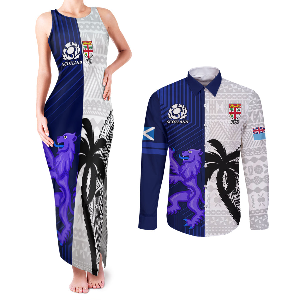 Fiji And Scotland Rugby Couples Matching Tank Maxi Dress and Long Sleeve Button Shirts Fijian Tapa Pattern With Thistle - Wonder Print Shop