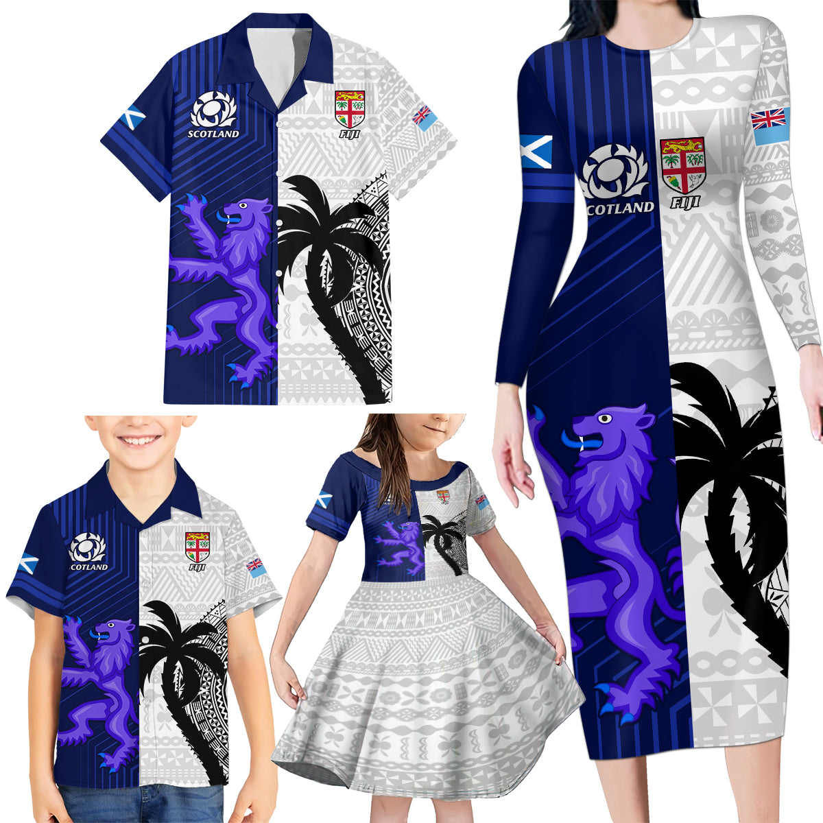 Fiji And Scotland Rugby Family Matching Long Sleeve Bodycon Dress and Hawaiian Shirt Fijian Tapa Pattern With Thistle - Wonder Print Shop