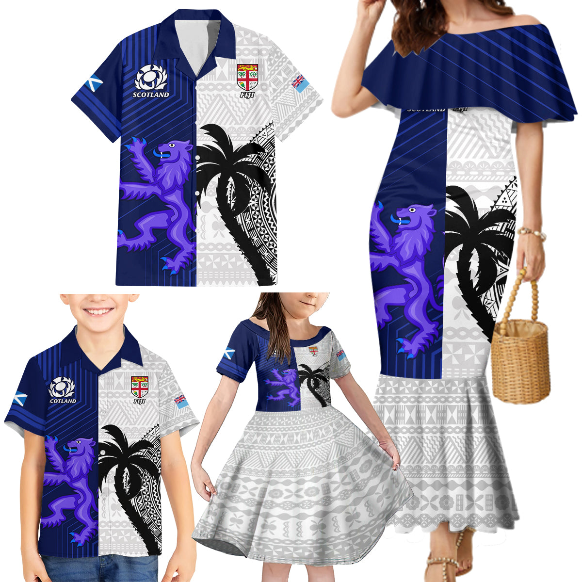 Fiji And Scotland Rugby Family Matching Mermaid Dress and Hawaiian Shirt Fijian Tapa Pattern With Thistle - Wonder Print Shop