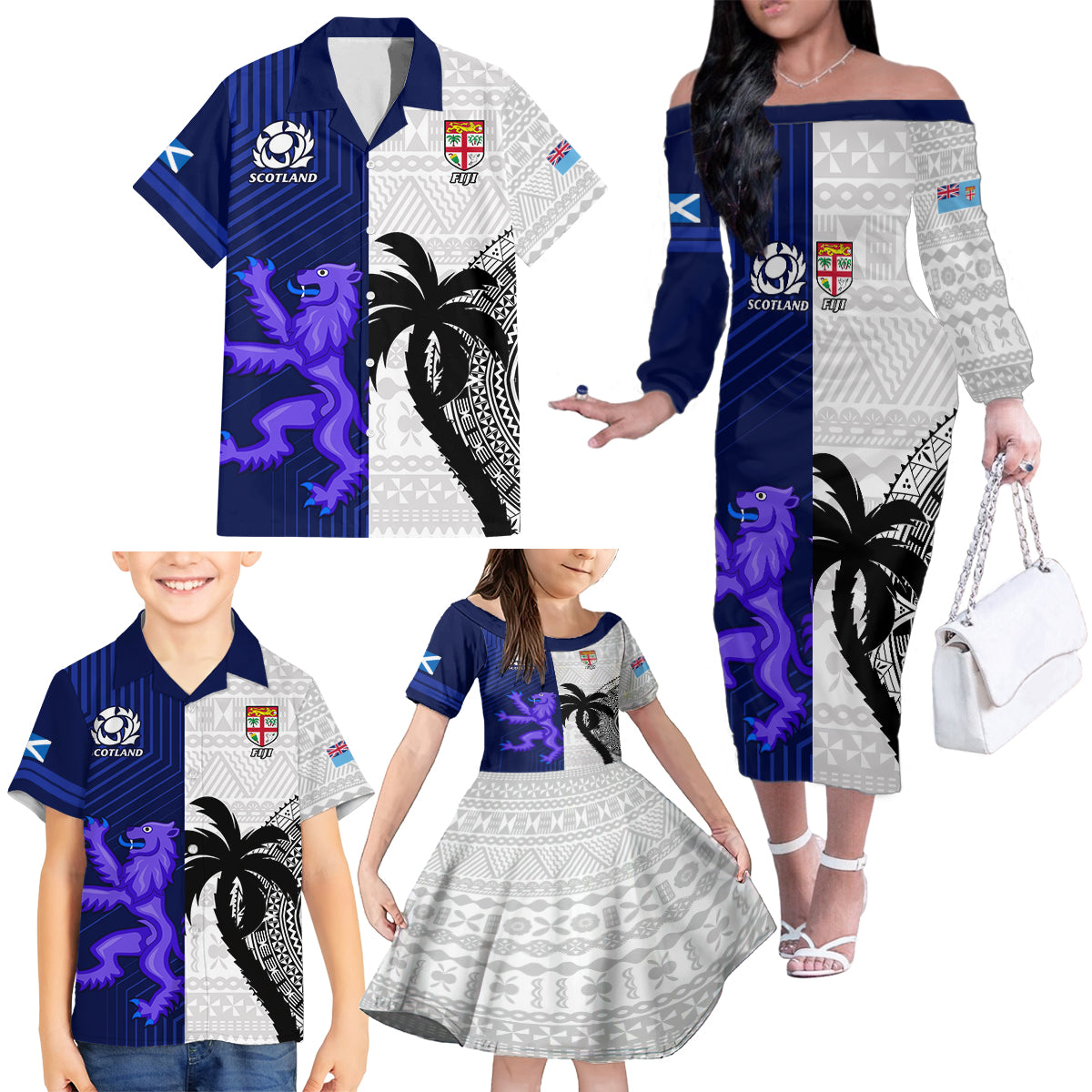 Fiji And Scotland Rugby Family Matching Off Shoulder Long Sleeve Dress and Hawaiian Shirt Fijian Tapa Pattern With Thistle - Wonder Print Shop