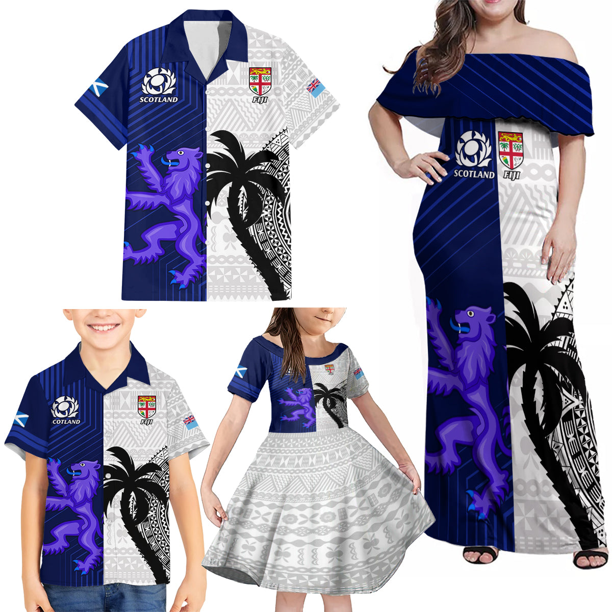 Fiji And Scotland Rugby Family Matching Off Shoulder Maxi Dress and Hawaiian Shirt Fijian Tapa Pattern With Thistle - Wonder Print Shop