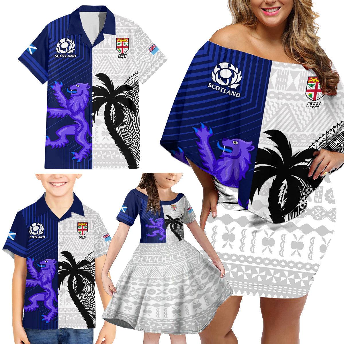 Fiji And Scotland Rugby Family Matching Off Shoulder Short Dress and Hawaiian Shirt Fijian Tapa Pattern With Thistle - Wonder Print Shop