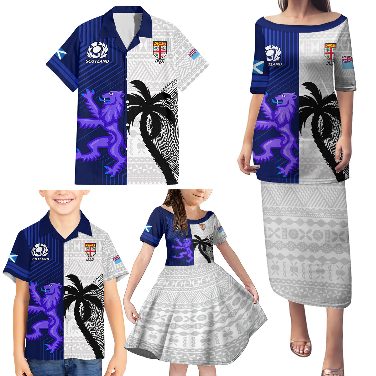 Fiji And Scotland Rugby Family Matching Puletasi Dress and Hawaiian Shirt Fijian Tapa Pattern With Thistle - Wonder Print Shop