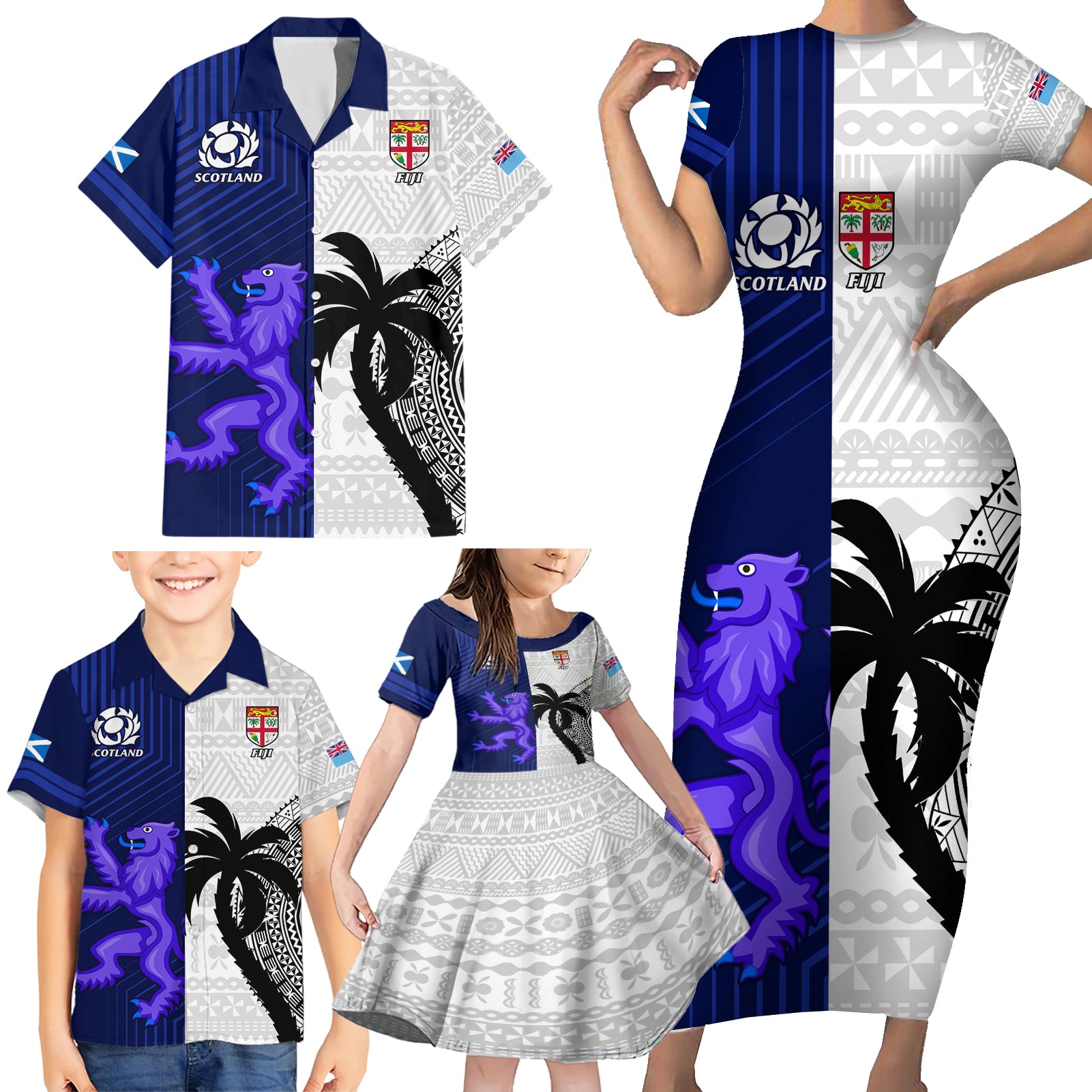 Fiji And Scotland Rugby Family Matching Short Sleeve Bodycon Dress and Hawaiian Shirt Fijian Tapa Pattern With Thistle - Wonder Print Shop