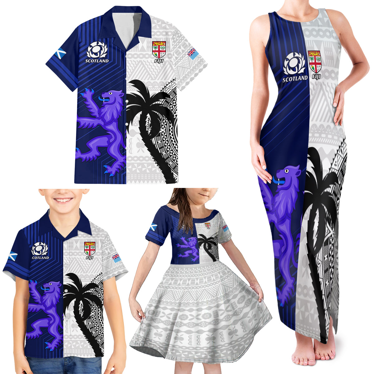 Fiji And Scotland Rugby Family Matching Tank Maxi Dress and Hawaiian Shirt Fijian Tapa Pattern With Thistle - Wonder Print Shop