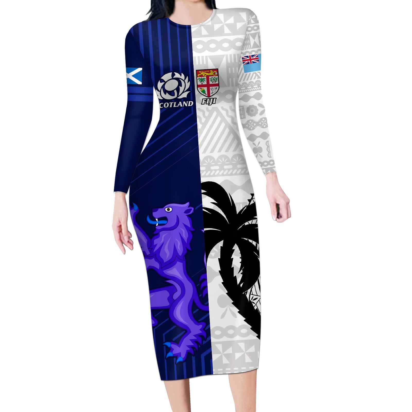 Fiji And Scotland Rugby Long Sleeve Bodycon Dress Fijian Tapa Pattern With Thistle - Wonder Print Shop