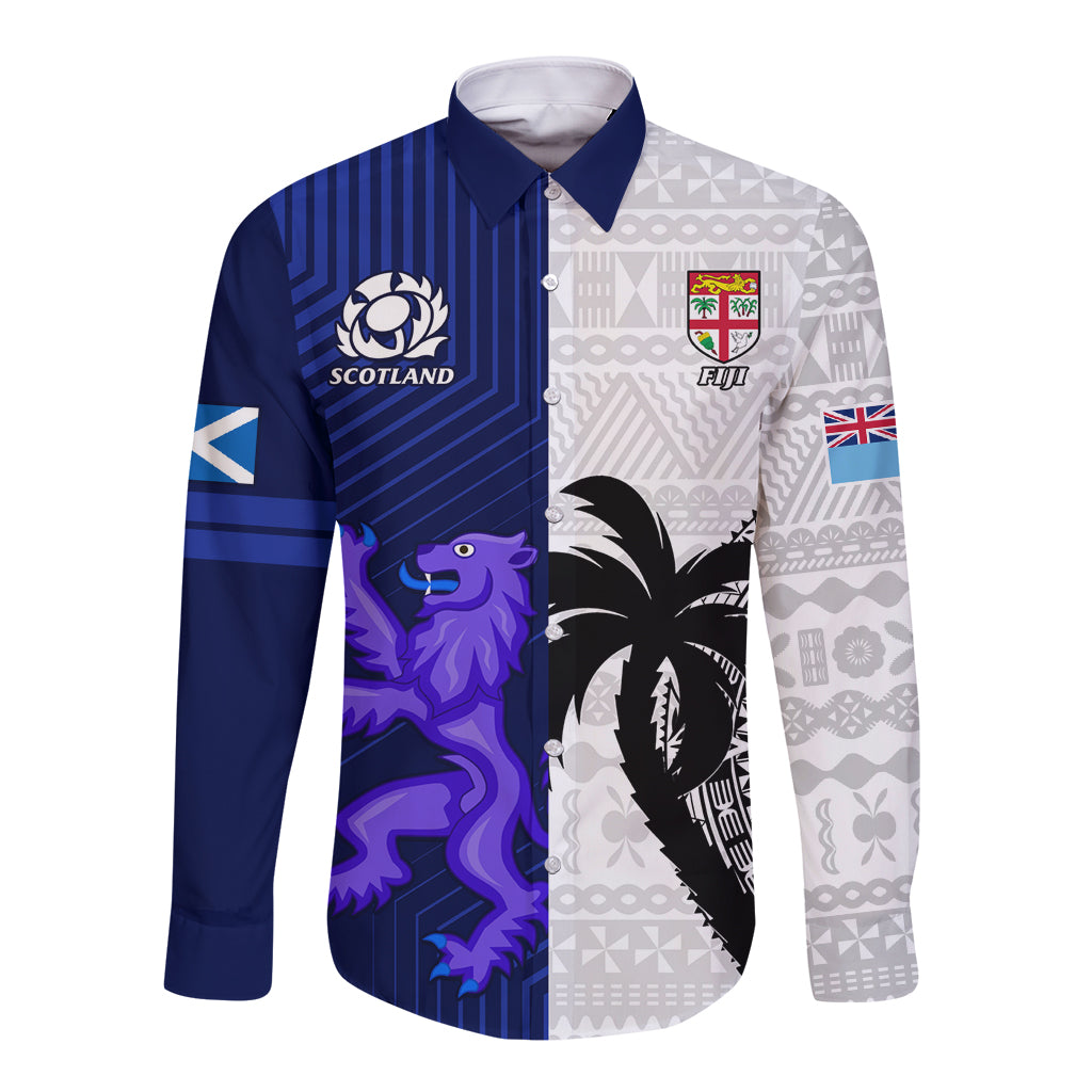 Fiji And Scotland Rugby Long Sleeve Button Shirt Fijian Tapa Pattern With Thistle - Wonder Print Shop