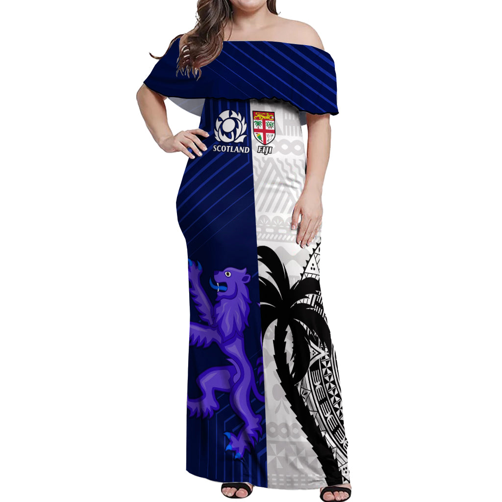 Fiji And Scotland Rugby Off Shoulder Maxi Dress Fijian Tapa Pattern With Thistle - Wonder Print Shop