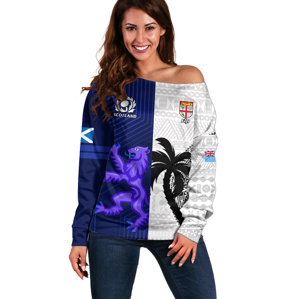 Fiji And Scotland Rugby Off Shoulder Sweater Fijian Tapa Pattern With Thistle - Wonder Print Shop