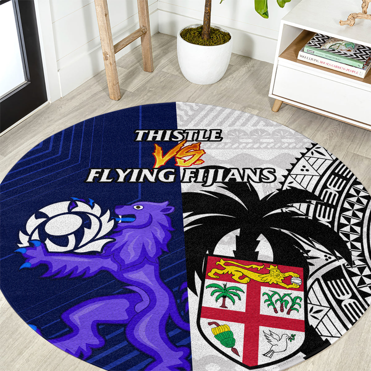 Blue round rugby carpet with thistle and crest graphic, black-and-white pattern sections