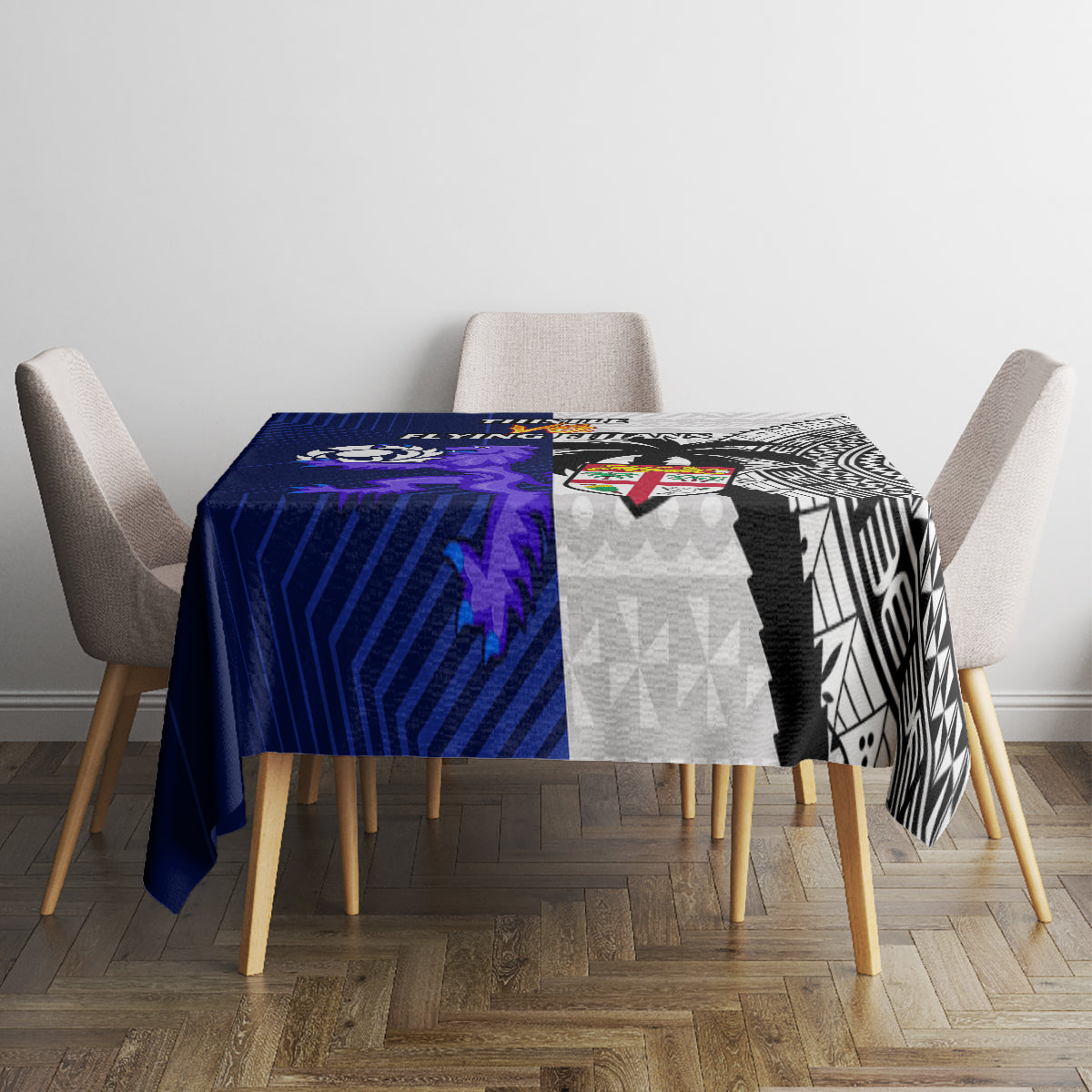 Tablecloth on dining table with blue panel and black-and-white tribal arch pattern