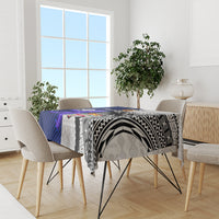 Rugby tablecloth on dining table with blue and black-white geometric tapa pattern