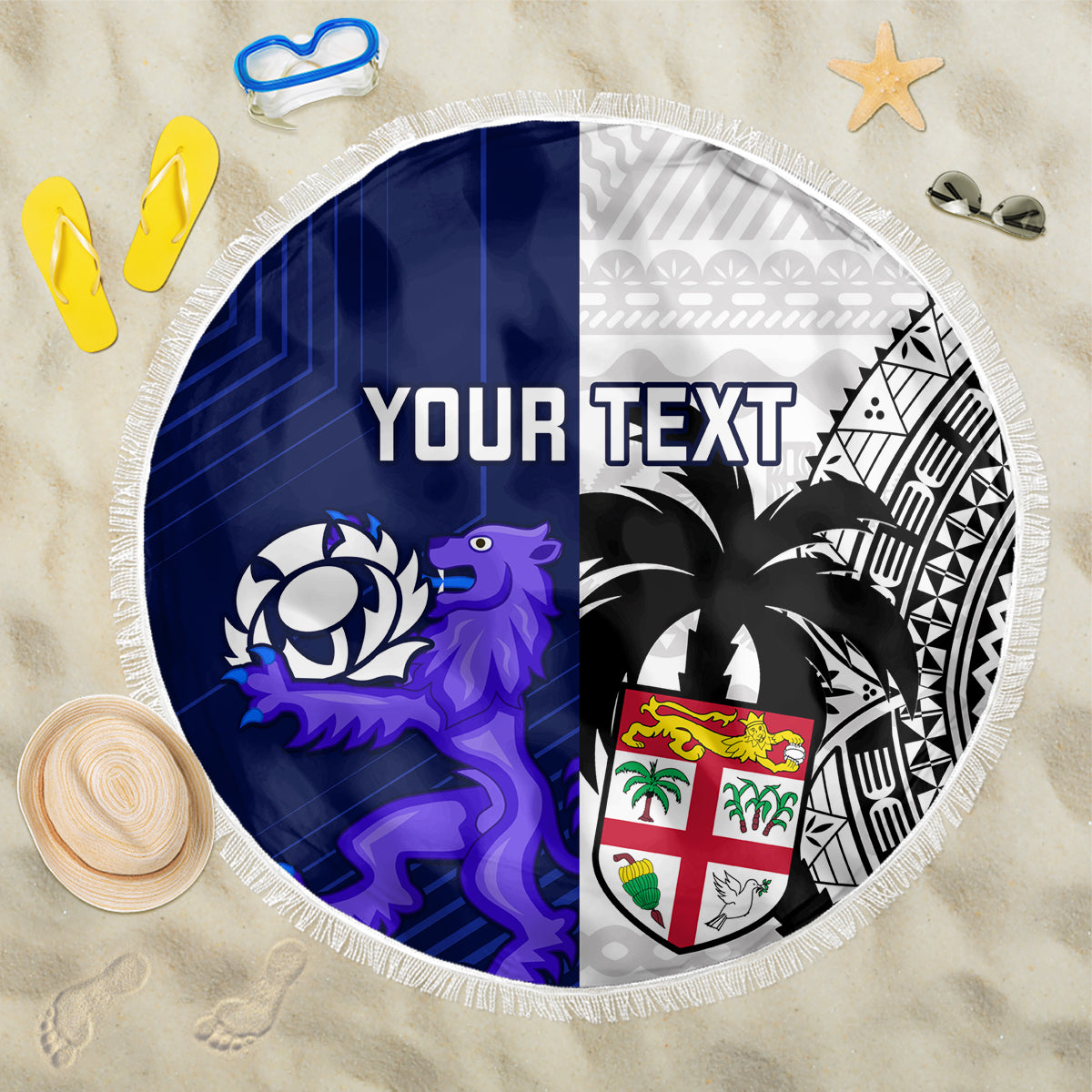 Round beach blanket with fringe edge, blue and white graphic panels, custom text