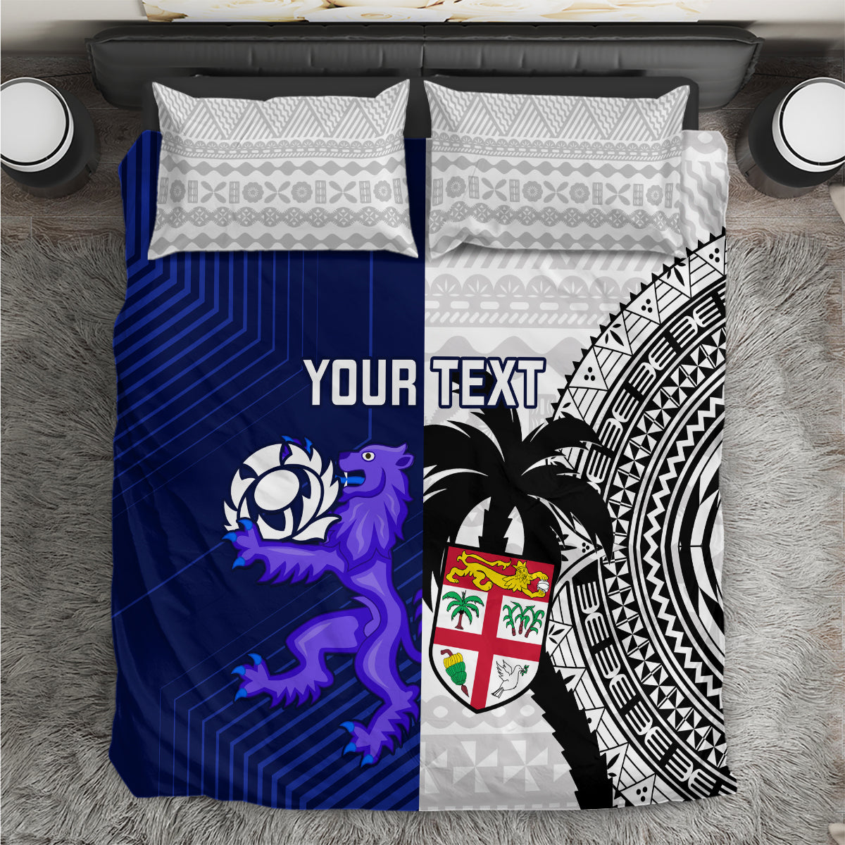 Rugby bedding set with blue lion and geometric shield print, plus matching pillowcases