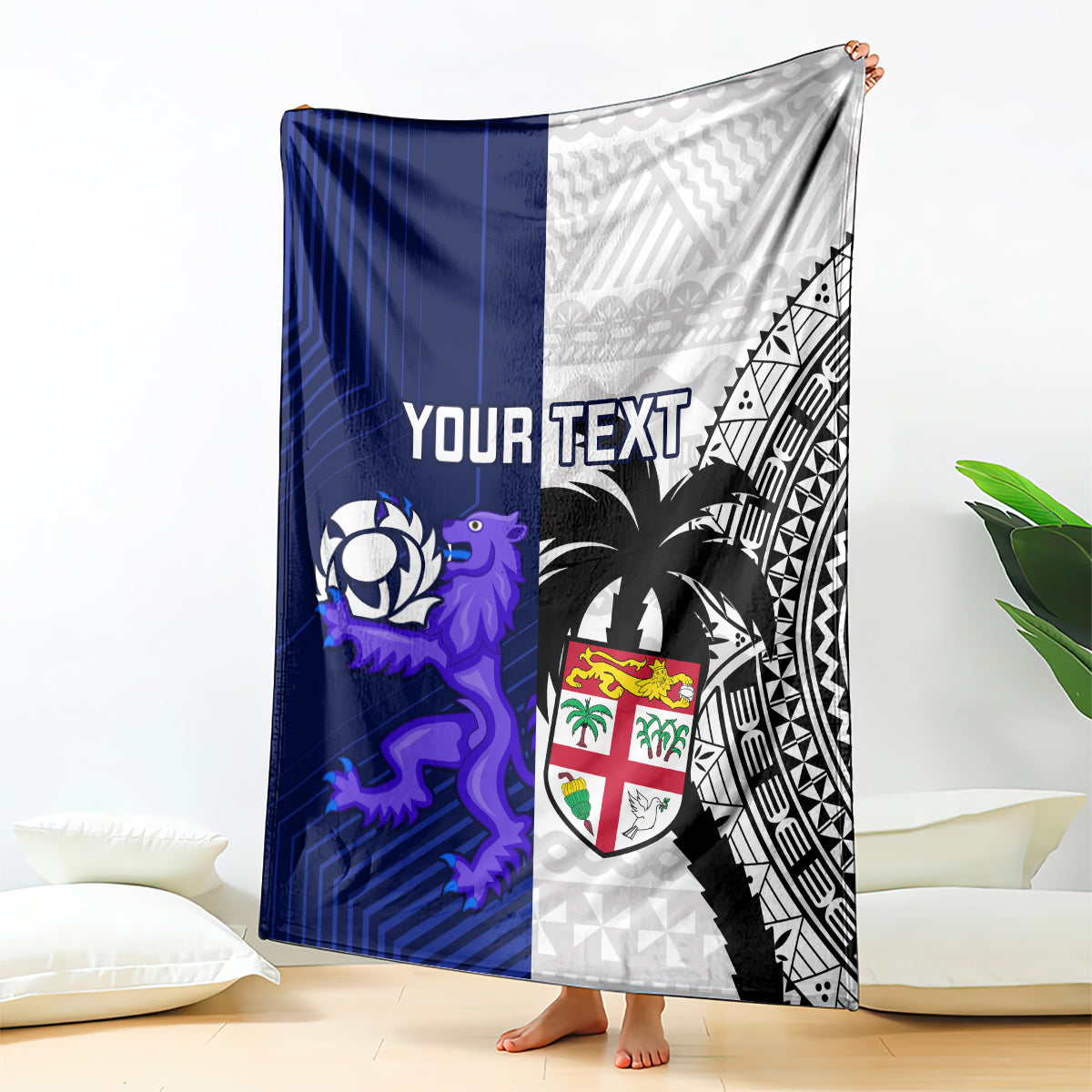 Custom rugby blanket, blue and light gray with lion and crest graphic plus customizable text.