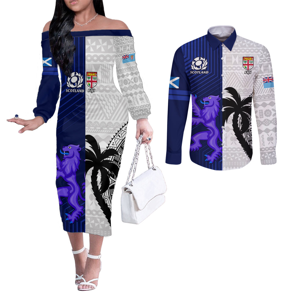 custom-fiji-and-scotland-rugby-couples-matching-off-the-shoulder-long-sleeve-dress-and-long-sleeve-button-shirts-fijian-tapa-pattern-with-thistle