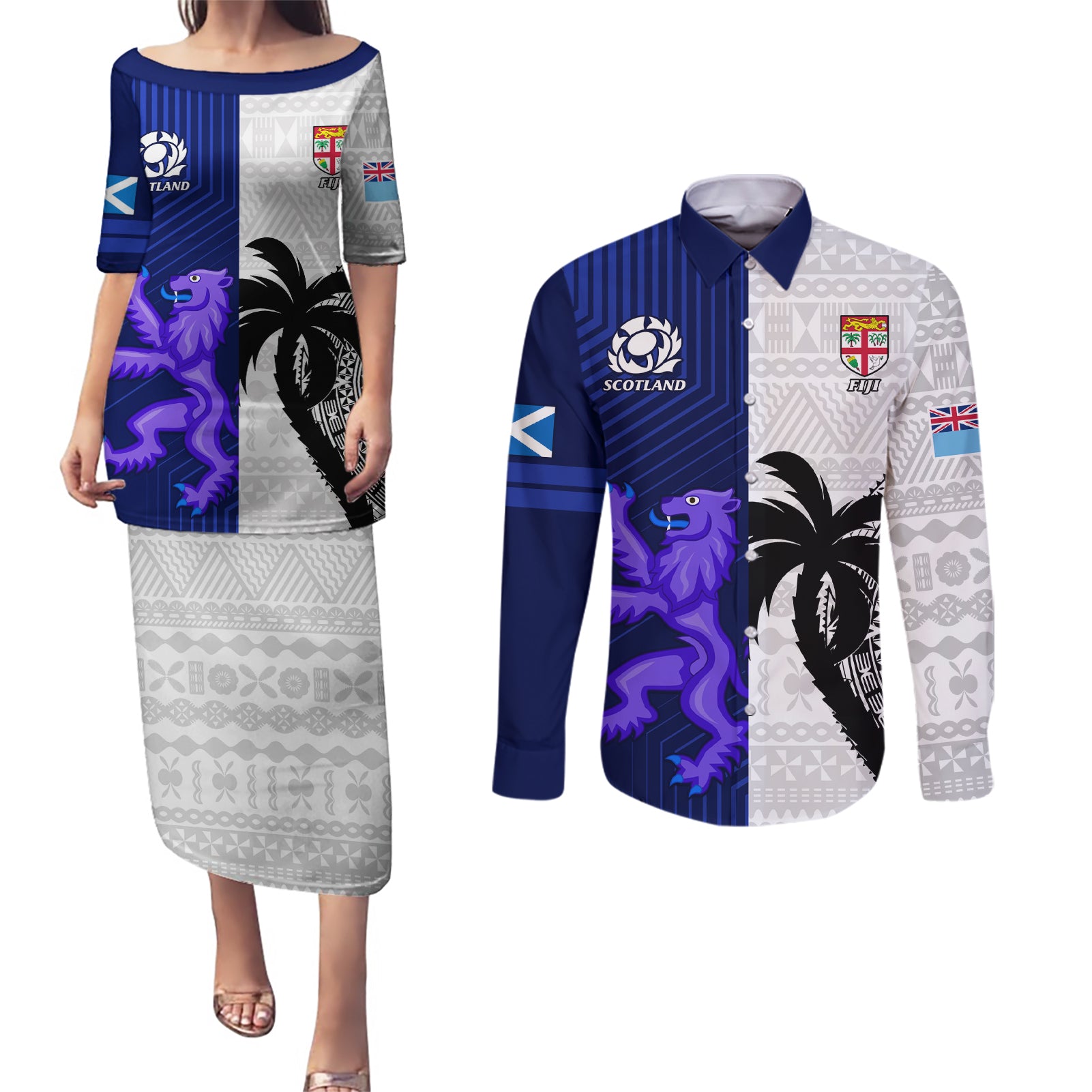 Custom Fiji And Scotland Rugby Couples Matching Puletasi Dress and Long Sleeve Button Shirts Fijian Tapa Pattern With Thistle - Wonder Print Shop