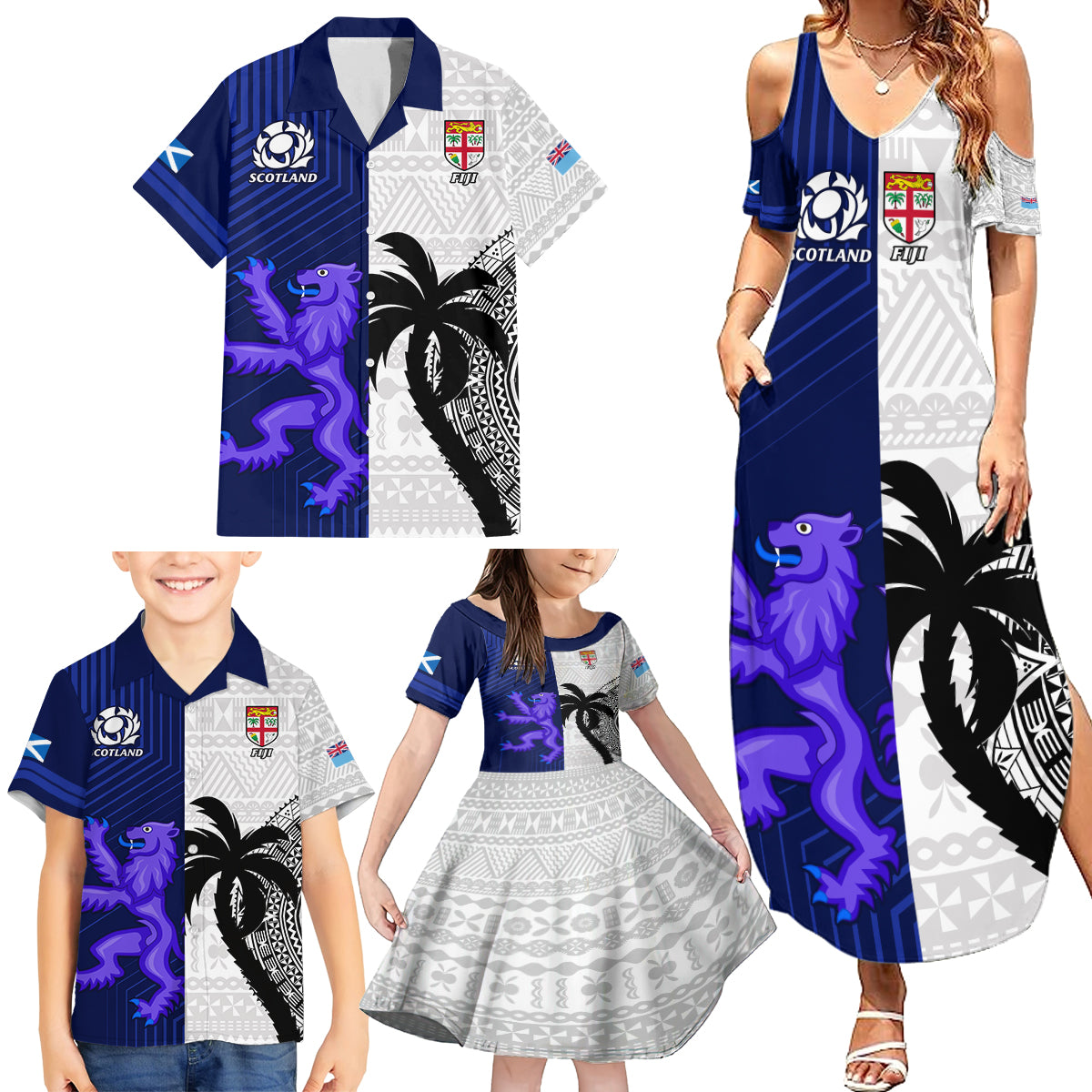 Custom Fiji And Scotland Rugby Family Matching Summer Maxi Dress and Hawaiian Shirt Fijian Tapa Pattern With Thistle - Wonder Print Shop