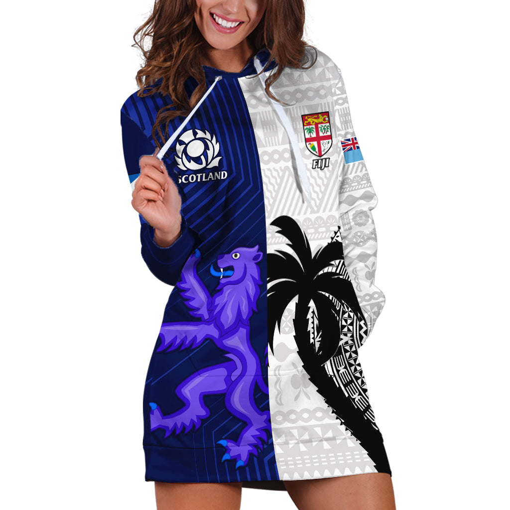 Custom Fiji And Scotland Rugby Hoodie Dress Fijian Tapa Pattern With Thistle - Wonder Print Shop