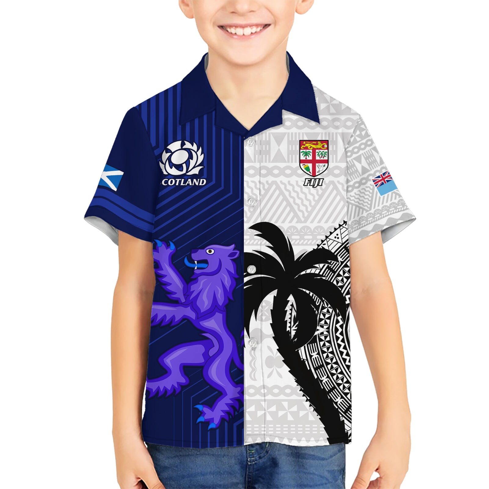 Custom Fiji And Scotland Rugby Kid Hawaiian Shirt Fijian Tapa Pattern With Thistle - Wonder Print Shop