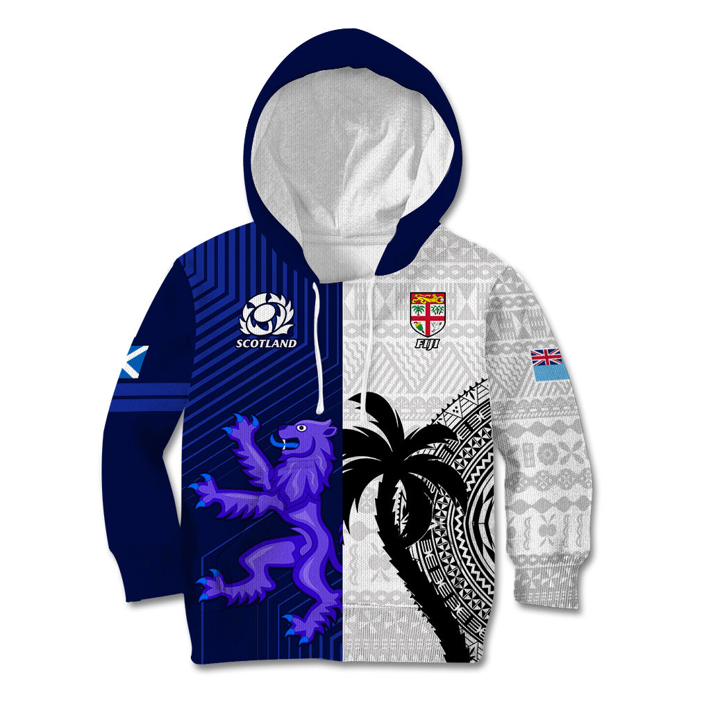 Custom Fiji And Scotland Rugby Kid Hoodie Fijian Tapa Pattern With Thistle - Wonder Print Shop