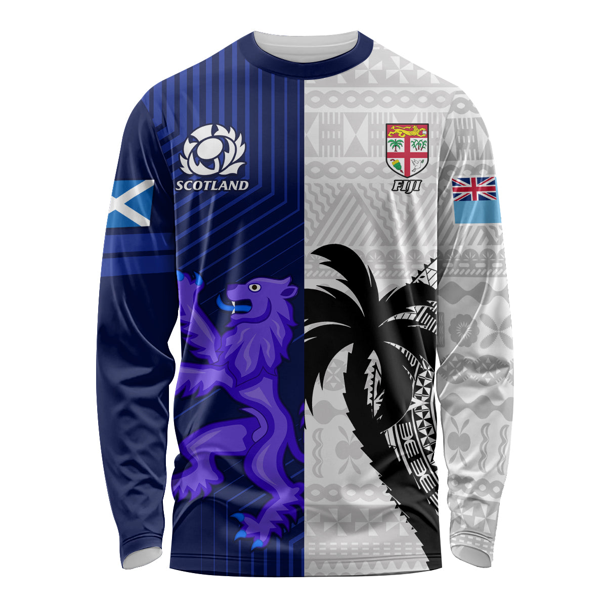 Blue and white rugby long-sleeve shirt with Scotland and Fiji emblems and tapa pattern