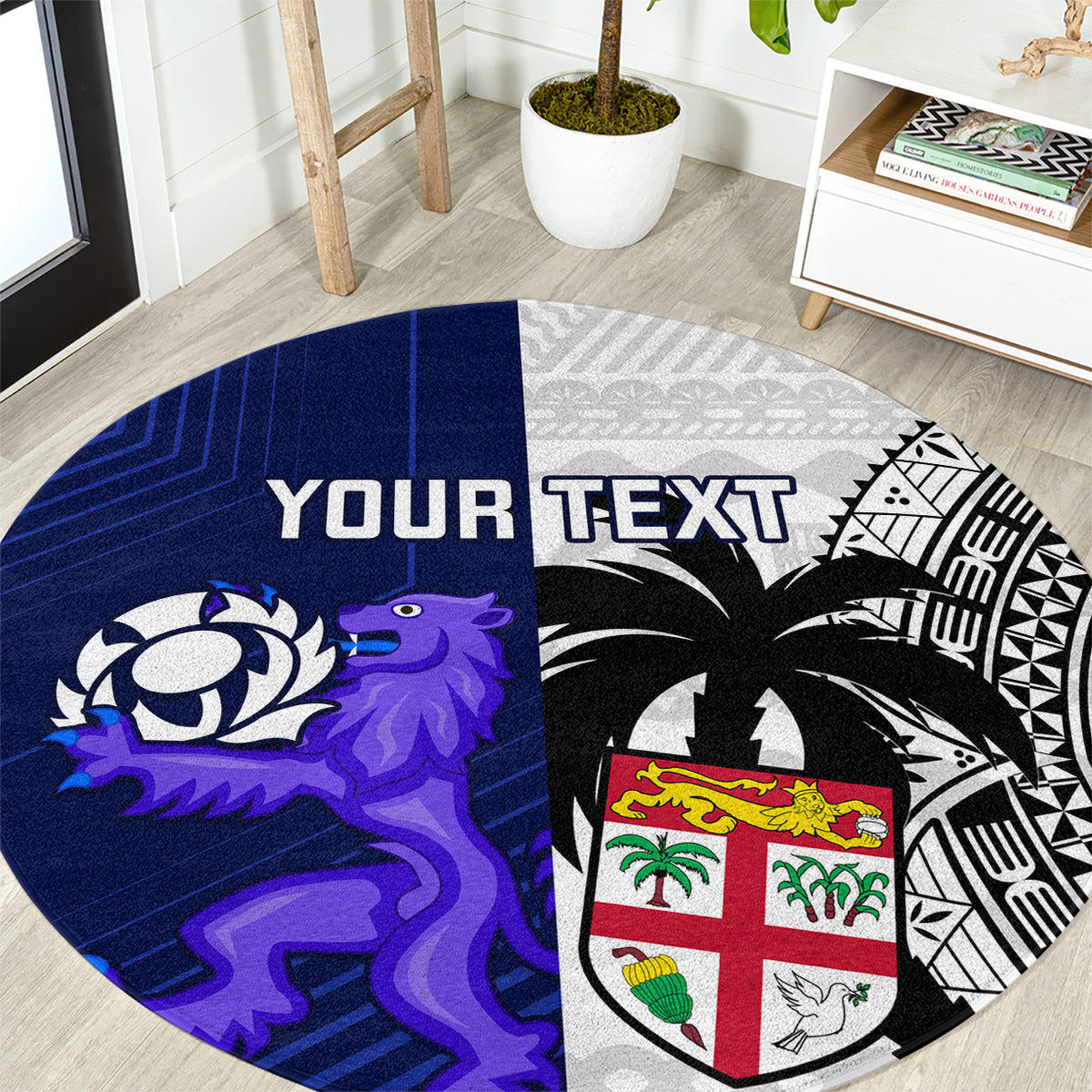 Round rug with blue/black tapa pattern, crest emblem, and 'YOUR TEXT' text