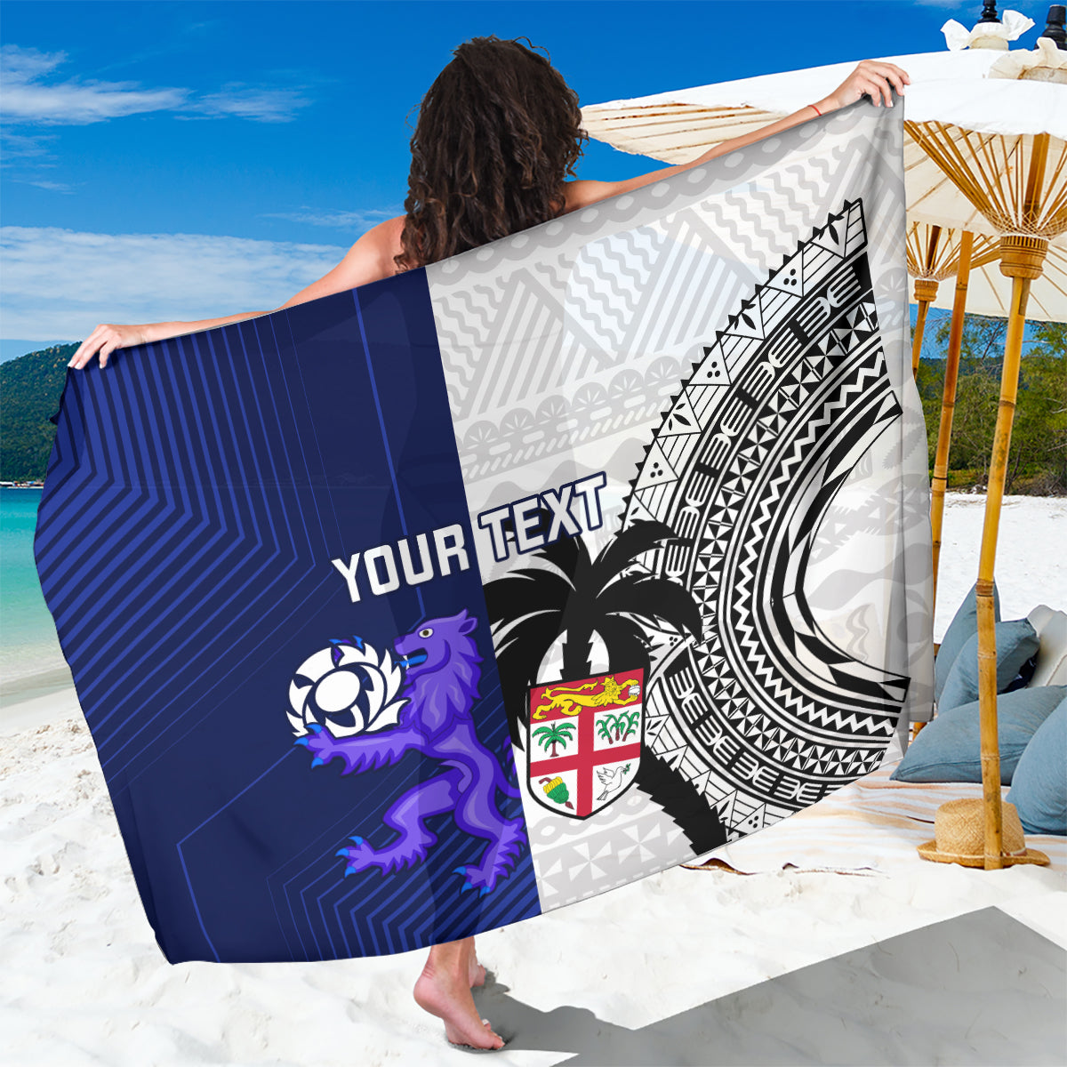 Blue and white printed sarong with purple dragon graphic and crest emblem