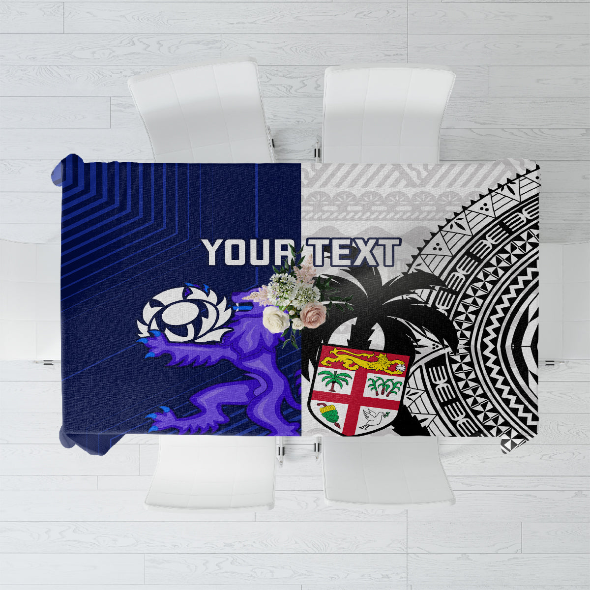 Pair of blue and black-and-white patterned rugby tablecloths with crest motifs