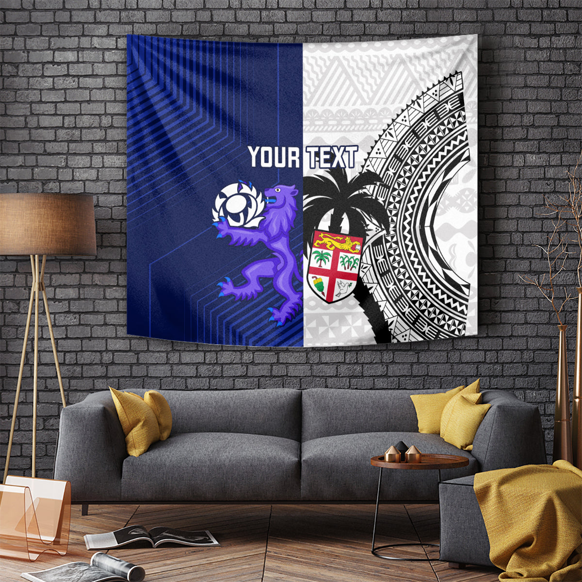 Blue and white rugby tapestry with purple lion crest, black patterned shield, custom text
