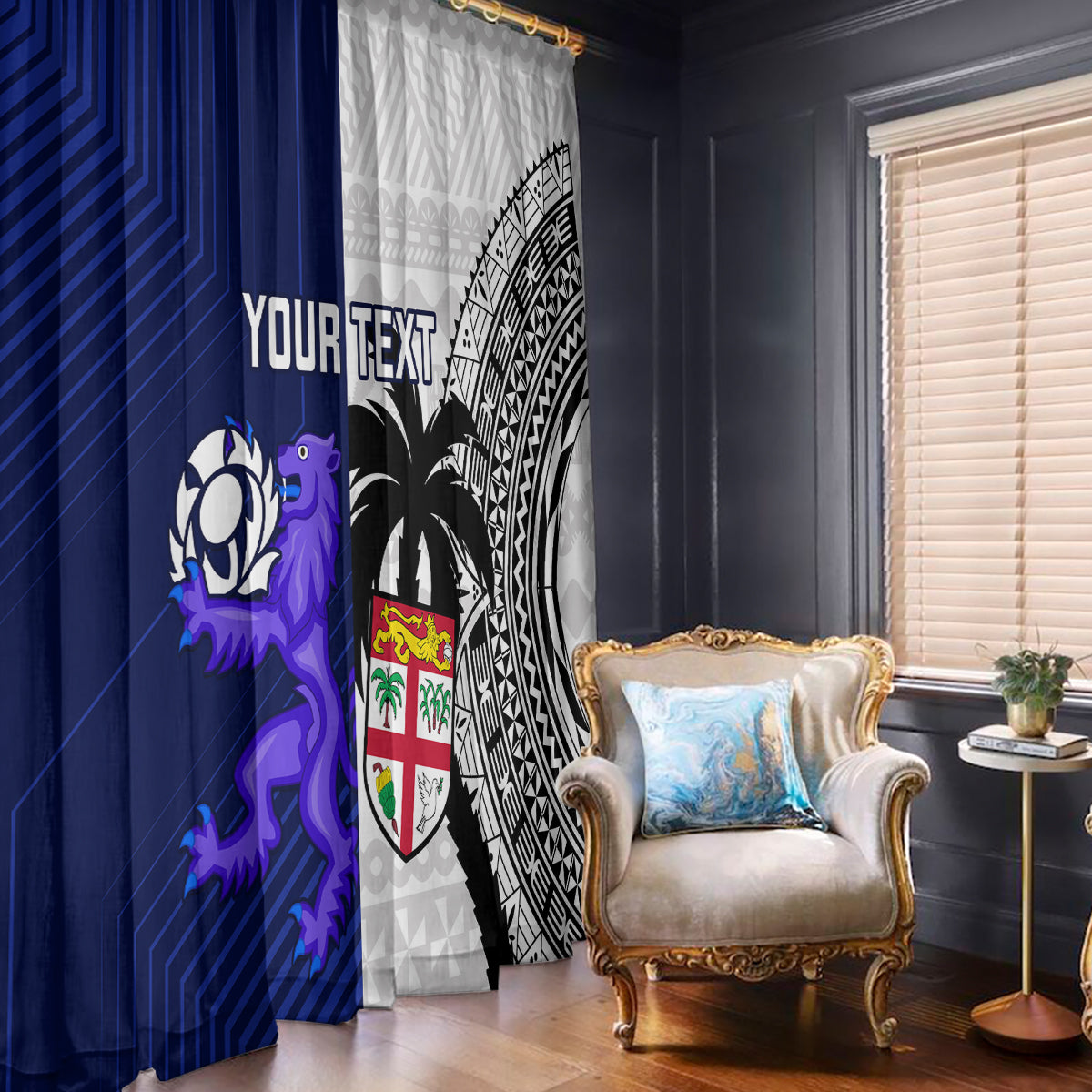 Blue and white window curtains with tapa pattern and shield crest graphic, draped side-by-side