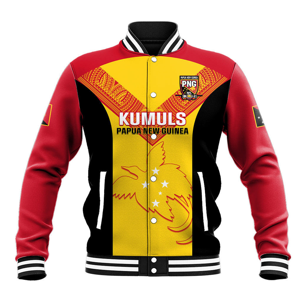 Unisex yellow and red varsity baseball jacket with PNG patch and KUMULS front print