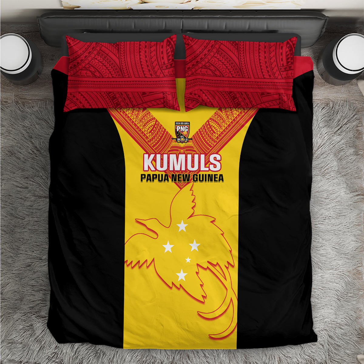 Rugby bedding set with yellow and black duvet, red patterned pillowcases, KUMULS graphic
